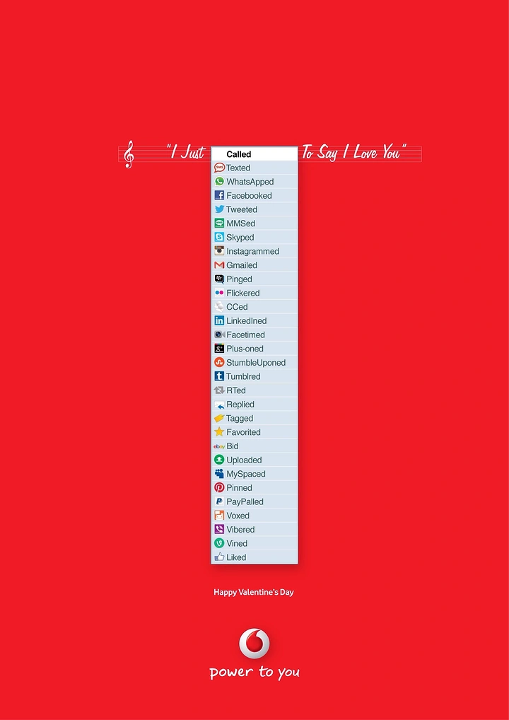 Valentine's Day creative ad: A dropdown menu of digital verbs inside a song lyric