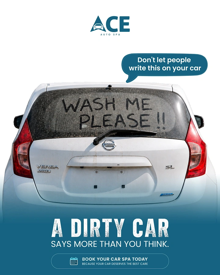 Car Wash & Detailing creative ad: 'Wash me please' dust-writing, witty copy