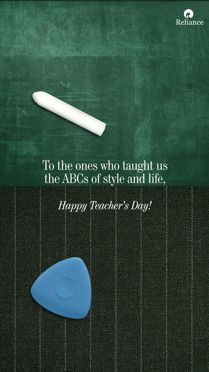 Teachers Day creative ad: Blackboard chalk above tailor's chalk on pinstripe suiting