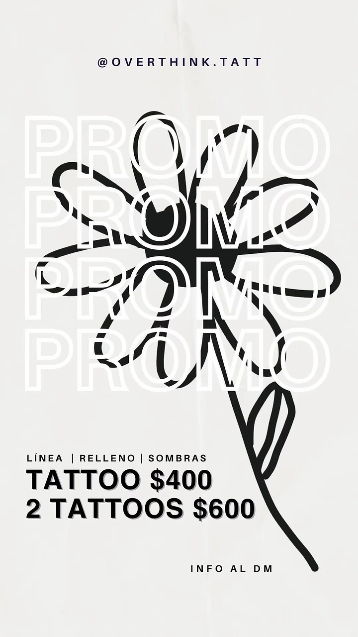 Tattoo Studios creative ad: Flash flower drawn over repeated PROMO type