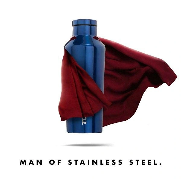 Tumblers, Flasks & Drinkware creative ad: Bottle becomes a stainless-steel superhero