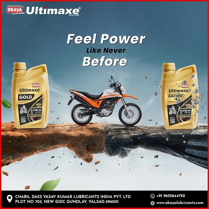 Engine Oil & Lubricants creative ad: Motorcycle and bottles split a dramatic landscape