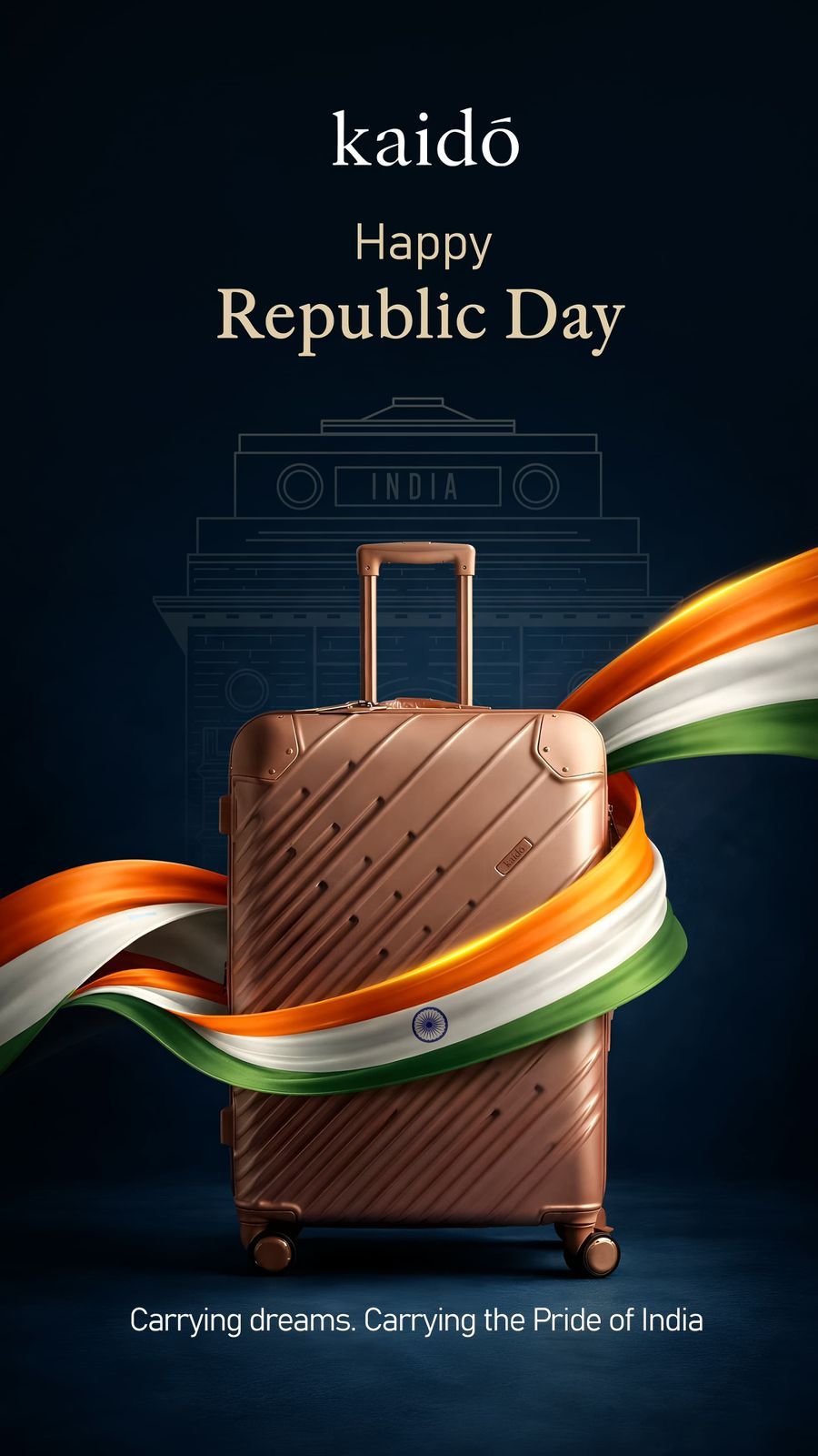 Republic Day Story: Rose-gold hard-shell suitcase wrapped in a flowing tricolour ribbon