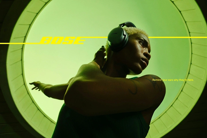 Headphones & Speakers creative ad: Bose product staged inside luminous tunnel