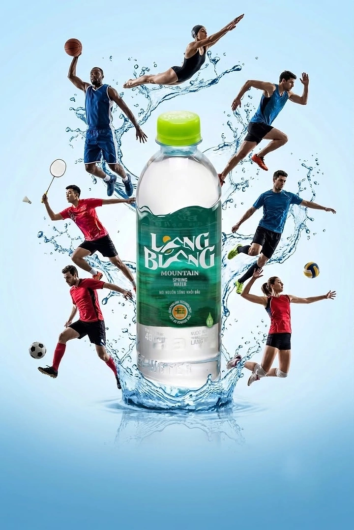 Packaged Drinking Water creative ad: Spring water bottle ringed by leaping athletes