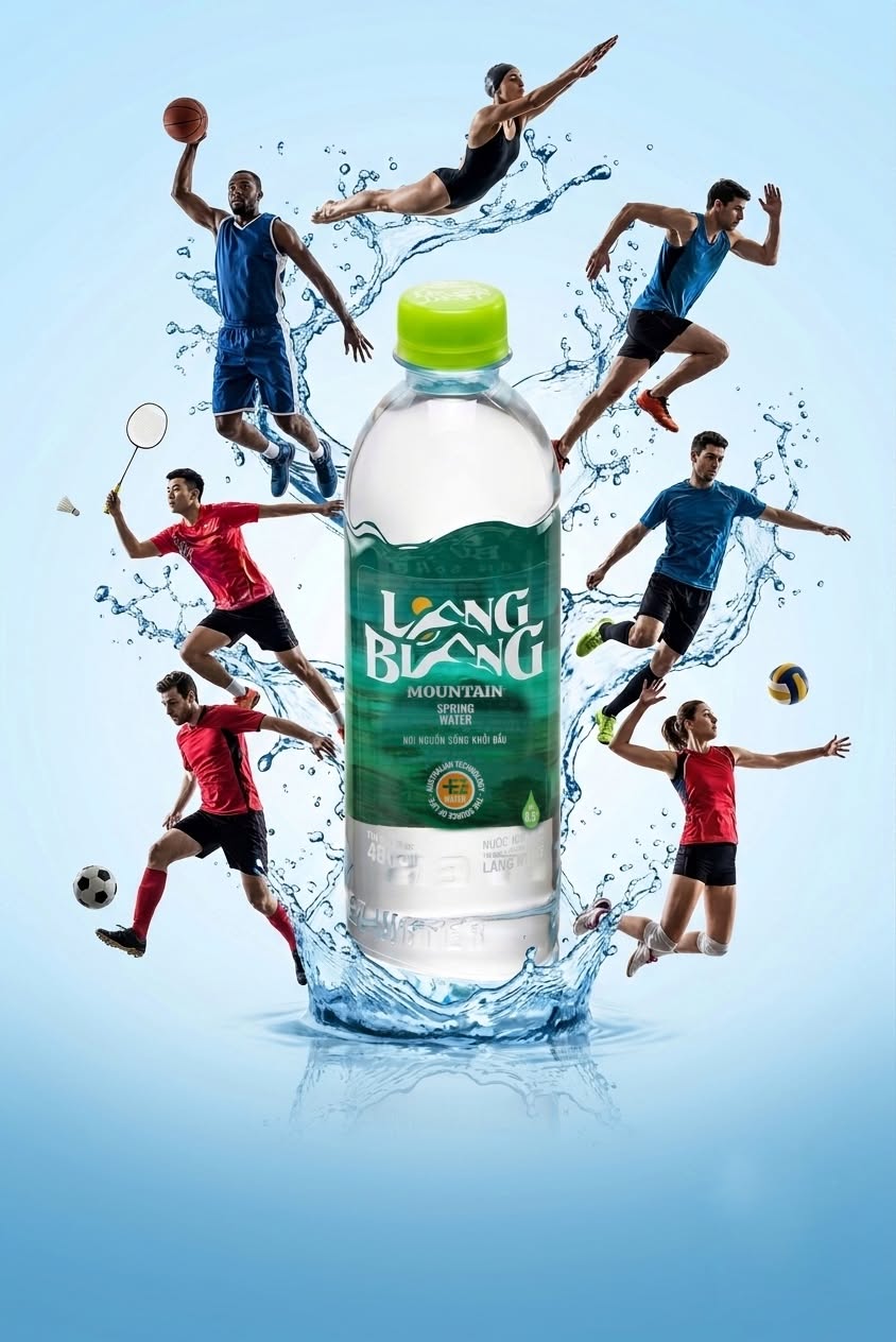 Poster: Spring water bottle ringed by leaping athletes