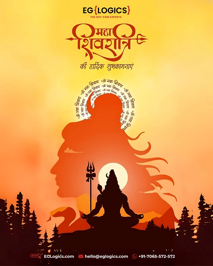 other-festival creative ad: Double-exposure Shiva profile with a meditating Shiva silhouette at sunset