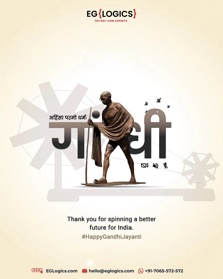 Gandhi Jayanti creative ad: Bronze walking Gandhi statue replacing a letter in large Hindi name typography