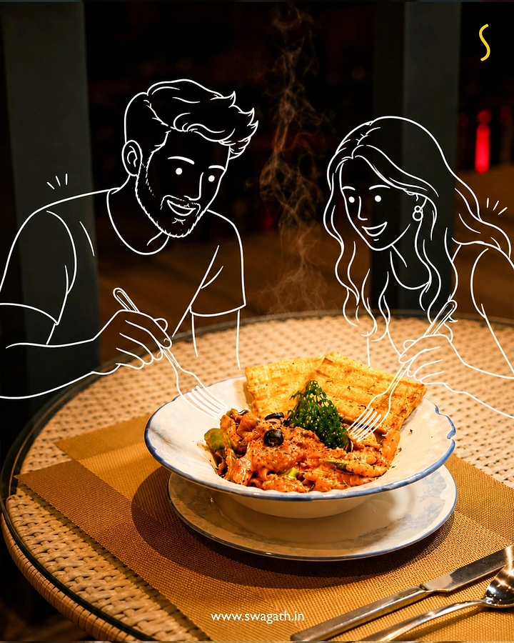 Cloud Kitchens & Food Trucks creative ad: Line-art diners over real dish