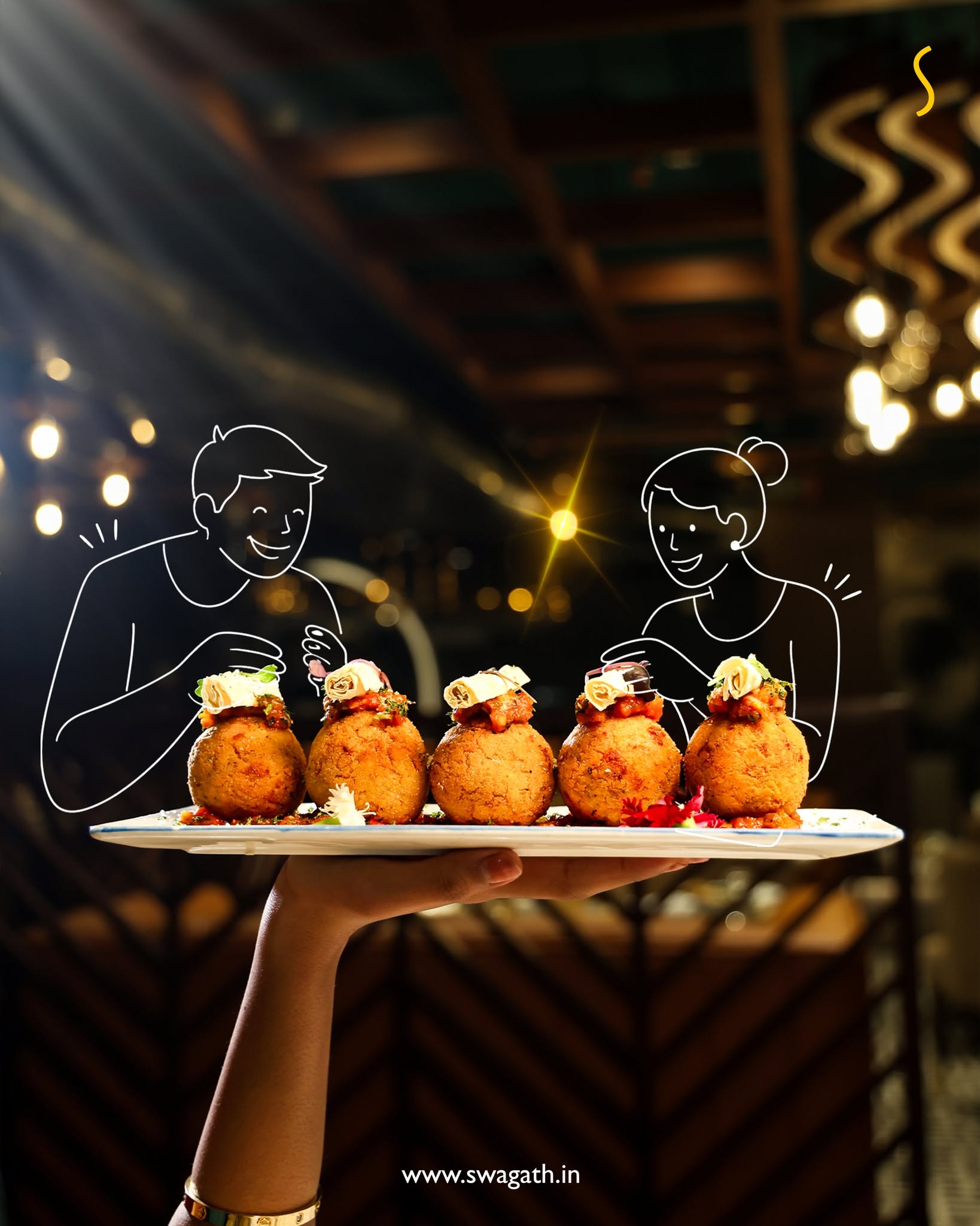 Instagram post: Line-art diners over real dish, slide 2