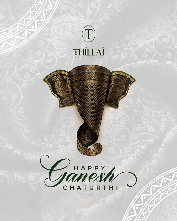 Ganesh Chaturthi creative ad: Ganesha head sculpted from black-and-gold silk saree fabric