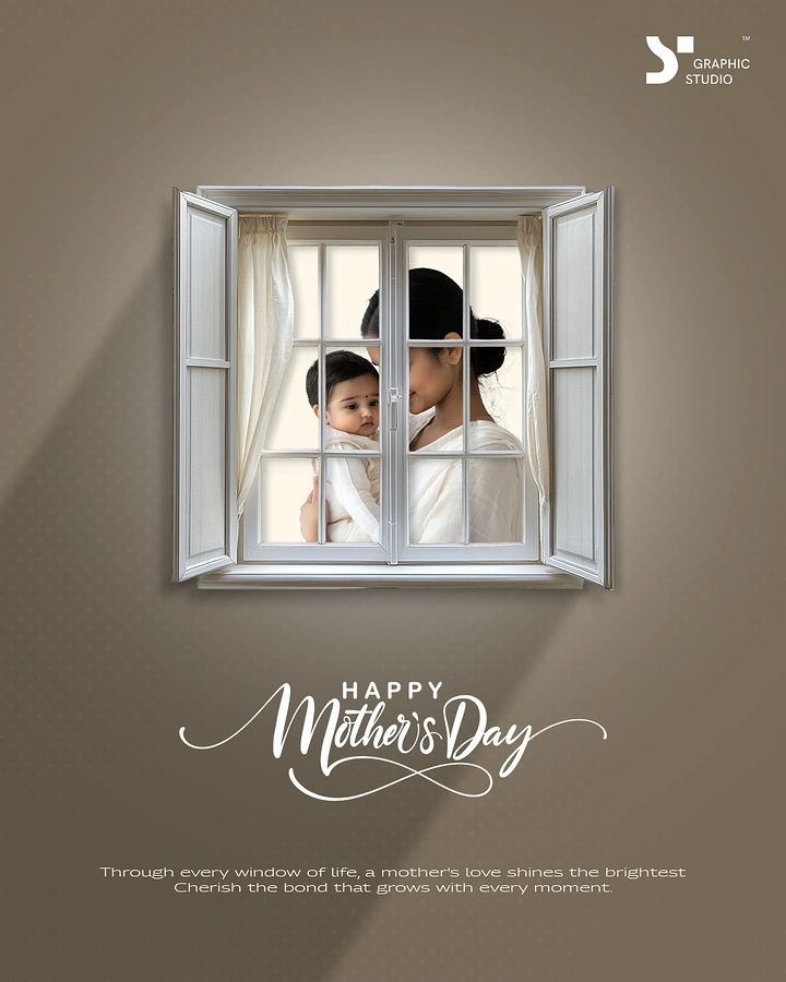 Mother's Day creative ad: Mother holding baby seen through an open white window set in a wall