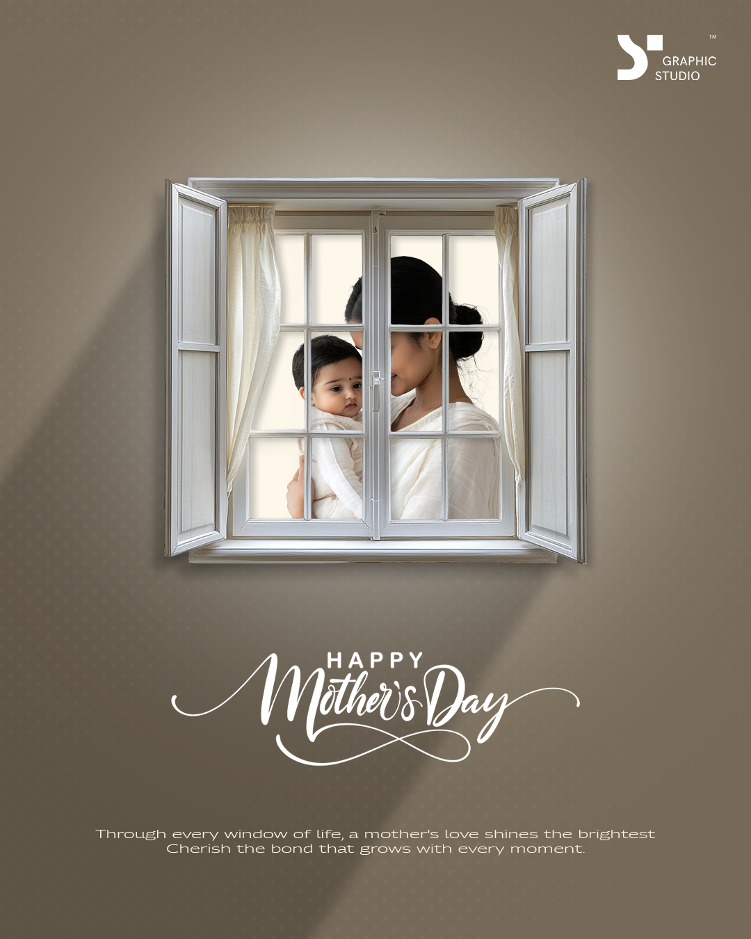 Mother holding baby seen through an open white window set in a wall