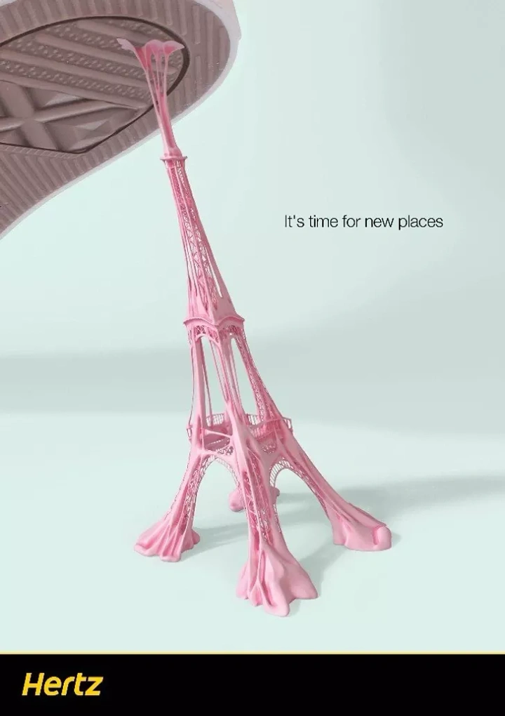 Car Rental creative ad: Eiffel Tower made of pink chewing gum stretched from a shoe sole
