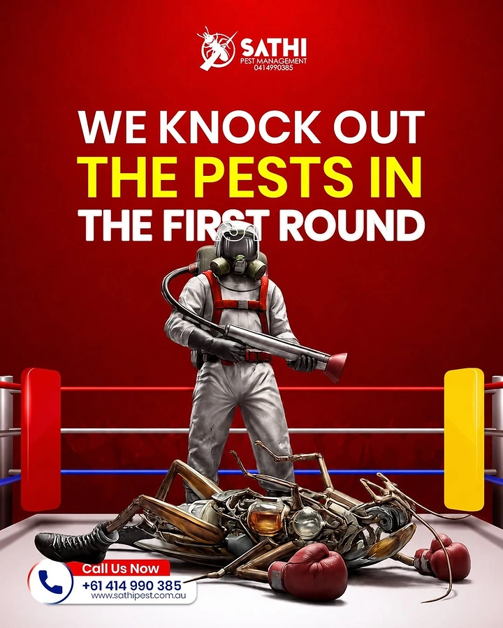 Pest Control creative ad: Exterminator in a boxing ring standing over a knocked-out insect