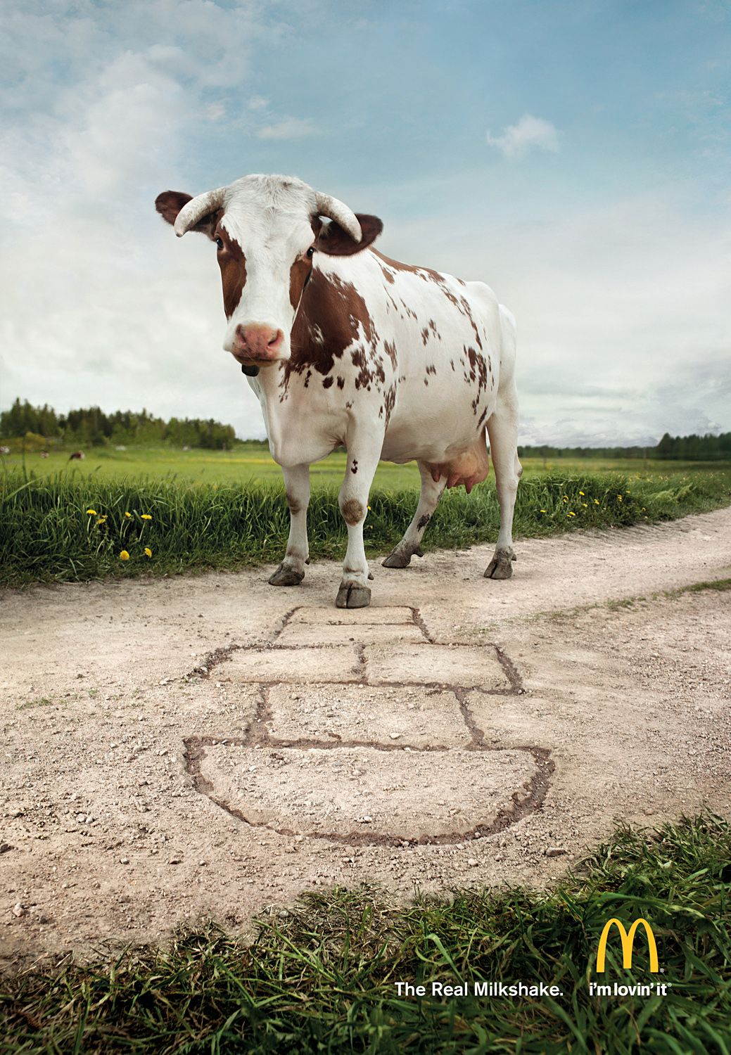 Poster: Dairy cow standing at a hopscotch grid shaped like a milkshake cup
