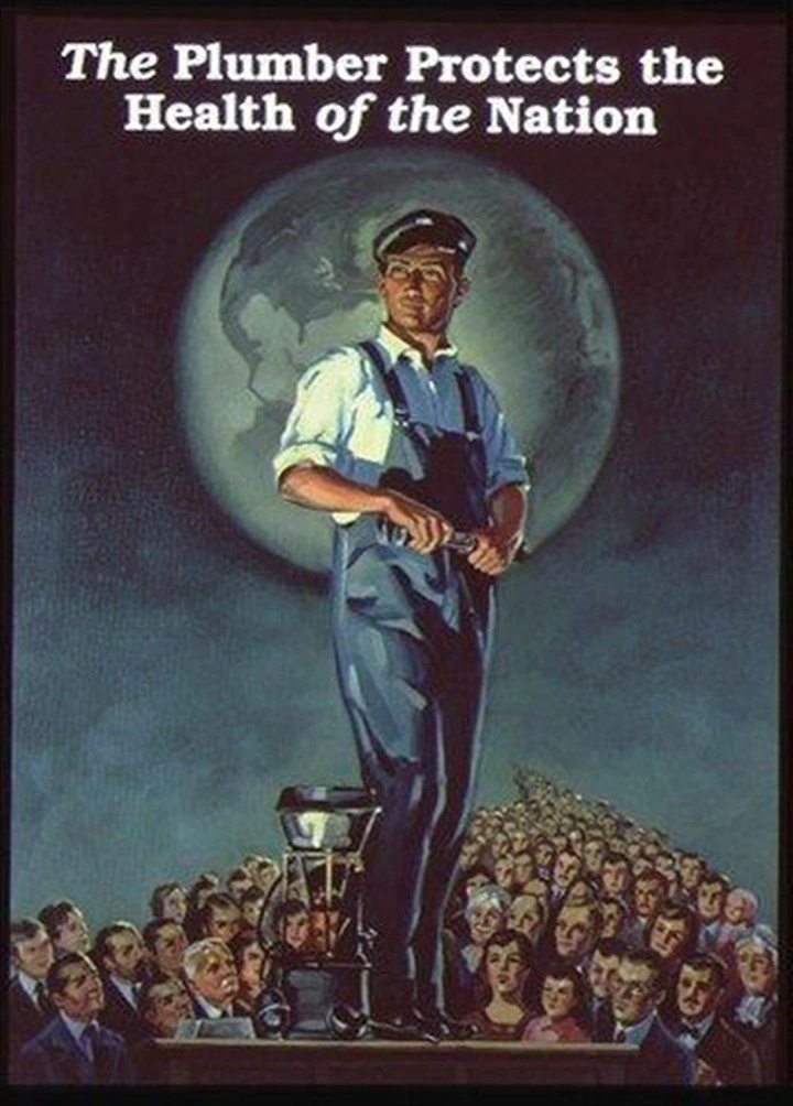 Plumbers creative ad: Vintage poster: plumber stands guard over nation