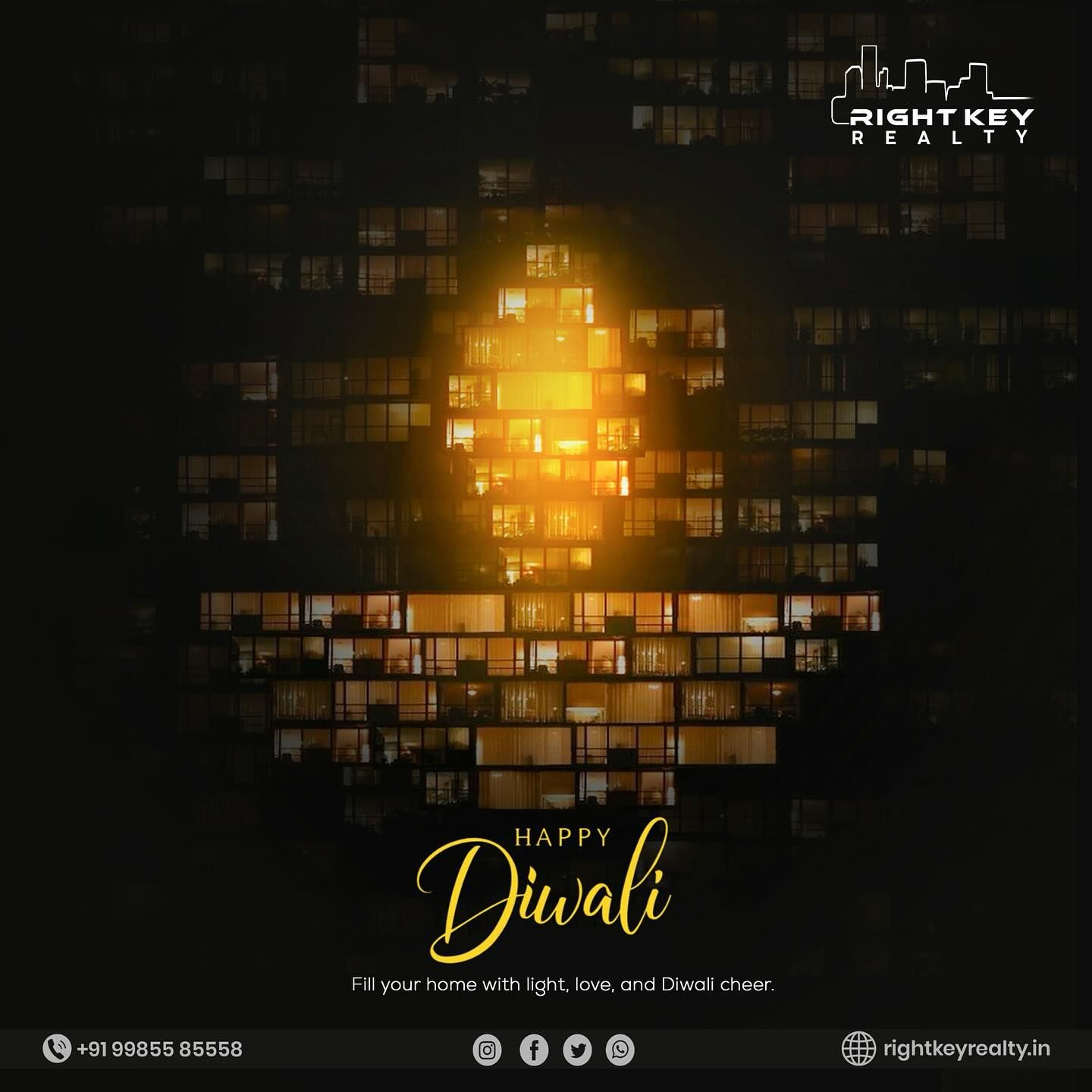 Night apartment tower with lit windows forming a diya and flame