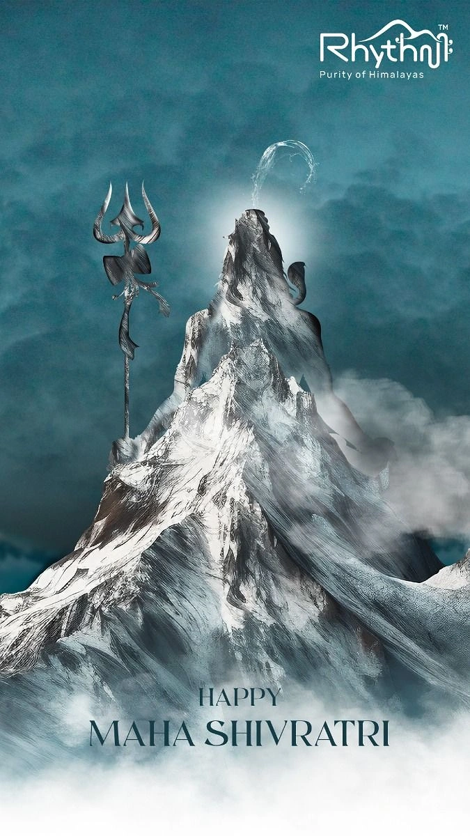 other-festival creative ad: Himalayan peak shaped like seated Shiva with trishul