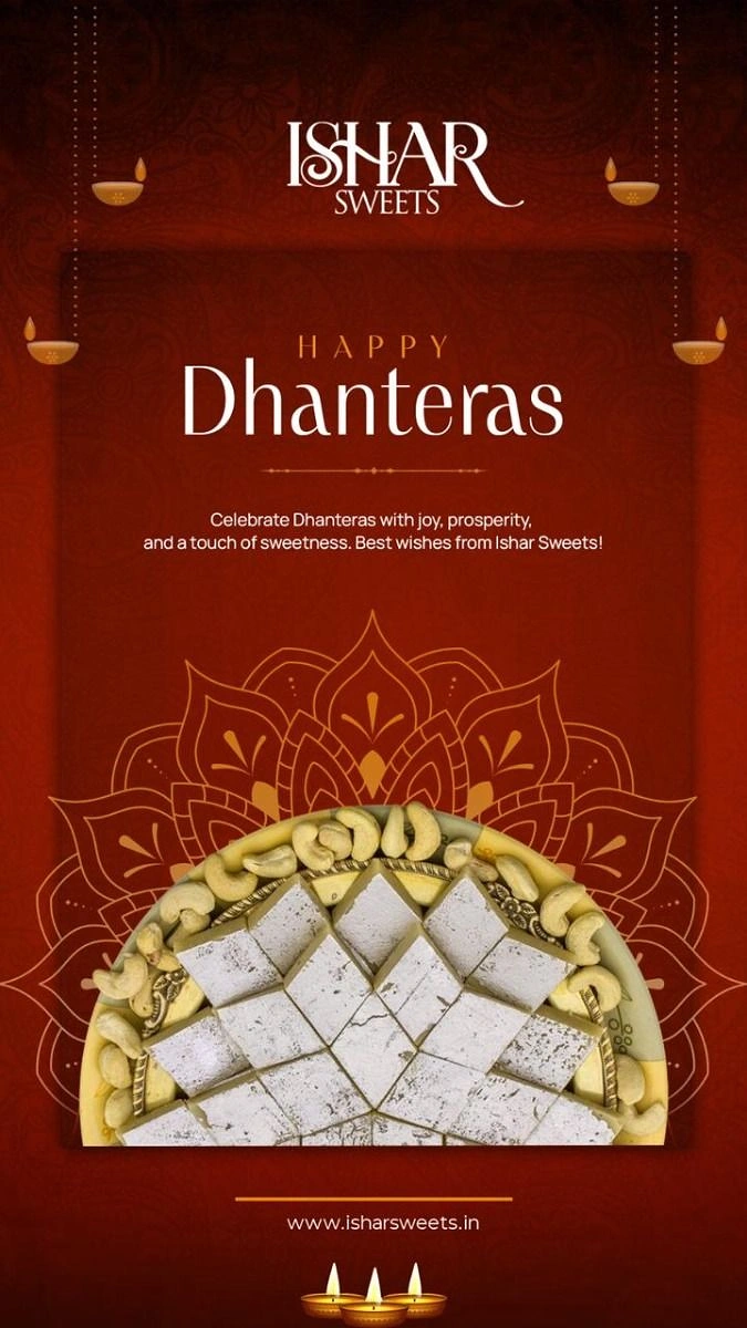 Dhanteras creative ad: Plate of kaju katli arranged in a star pattern with cashews
