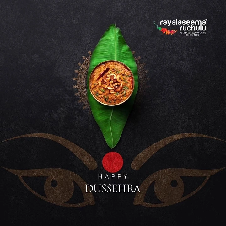 Dussehra creative ad: Cashew-topped curry bowl on a banana leaf forming the goddess's third eye