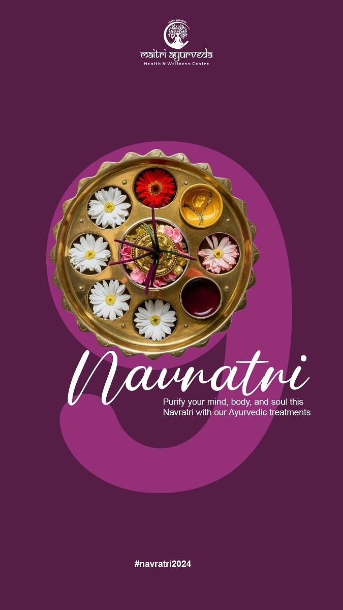 Navratri creative ad: Top-down brass puja thali with flowers over a giant numeral 9