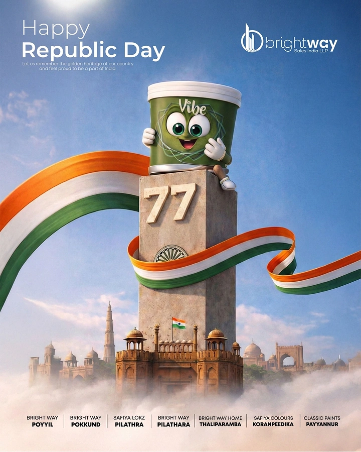 Republic Day creative ad: Cartoon paint-bucket mascot on a '77' stone pillar wrapped in tricolour ribbon
