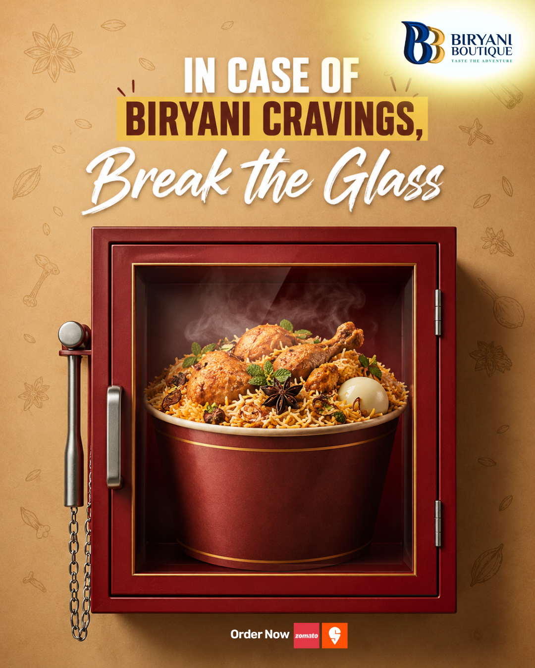 Instagram post: Biryani bucket inside a red emergency break-glass case