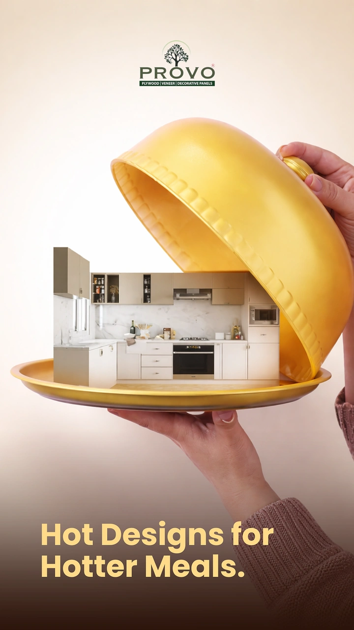 Plywood & Laminates creative ad: Miniature modular kitchen served on a gold platter under a lifted cloche