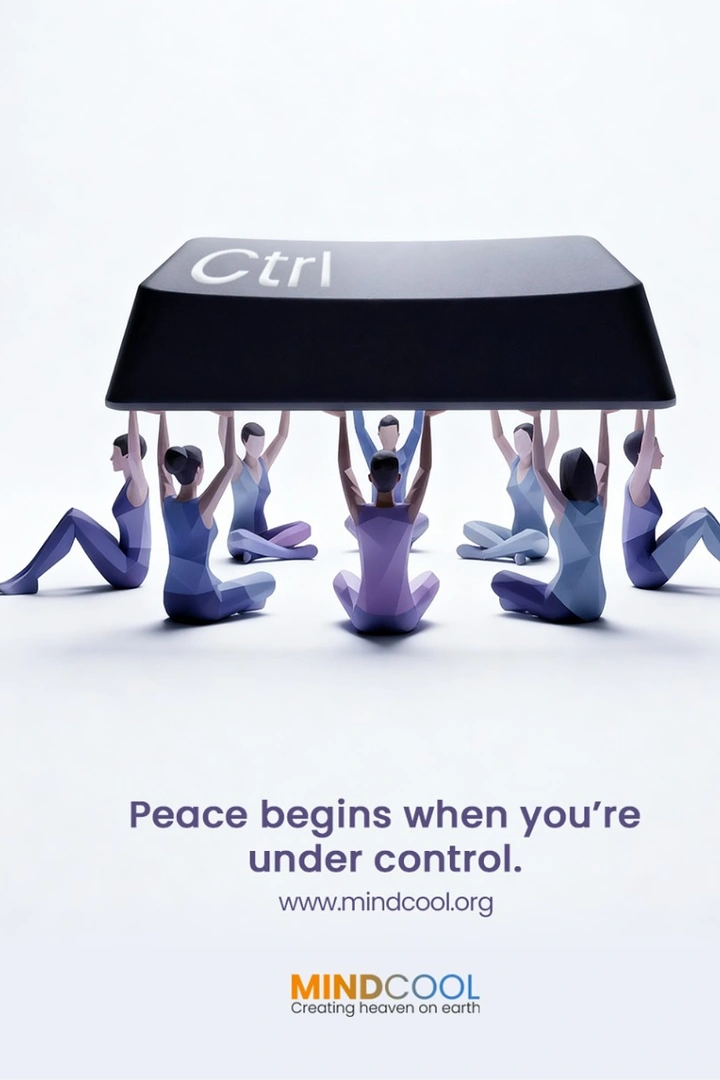 Yoga Studios creative ad: Low-poly meditating figures lifting a giant Ctrl key