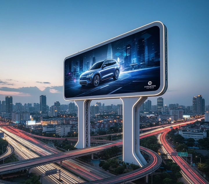 Electric Vehicles creative ad: Blue SUV on a glowing futuristic billboard above highway interchanges