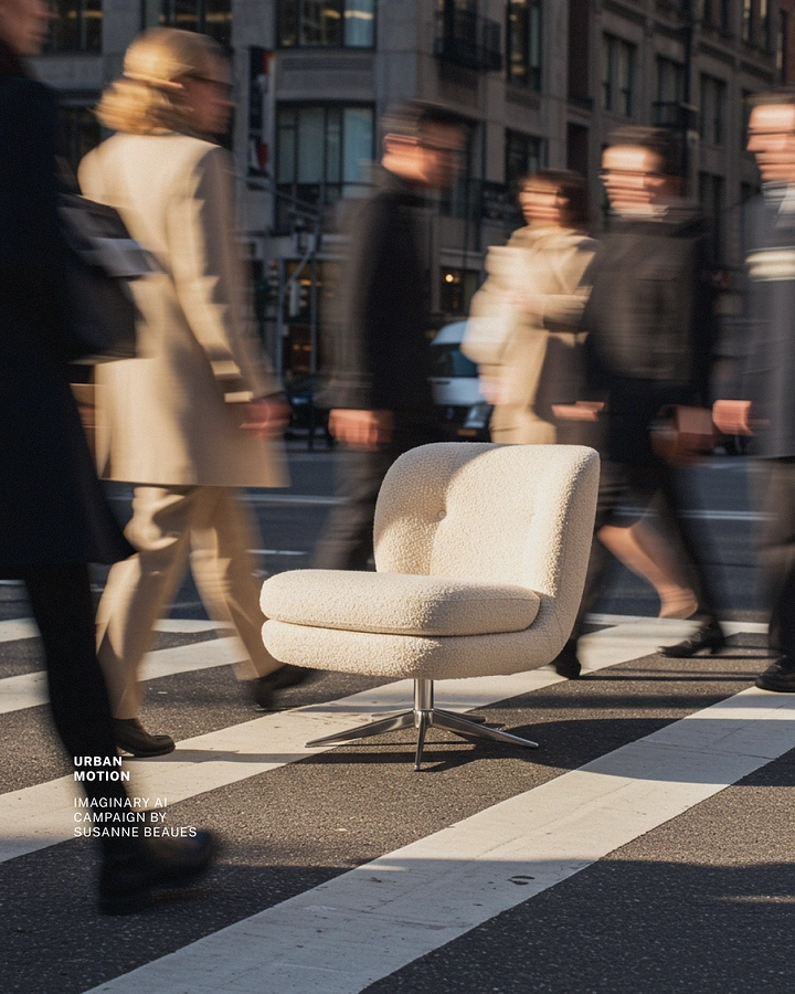 Creative ad: Cream boucle chair on busy crosswalk