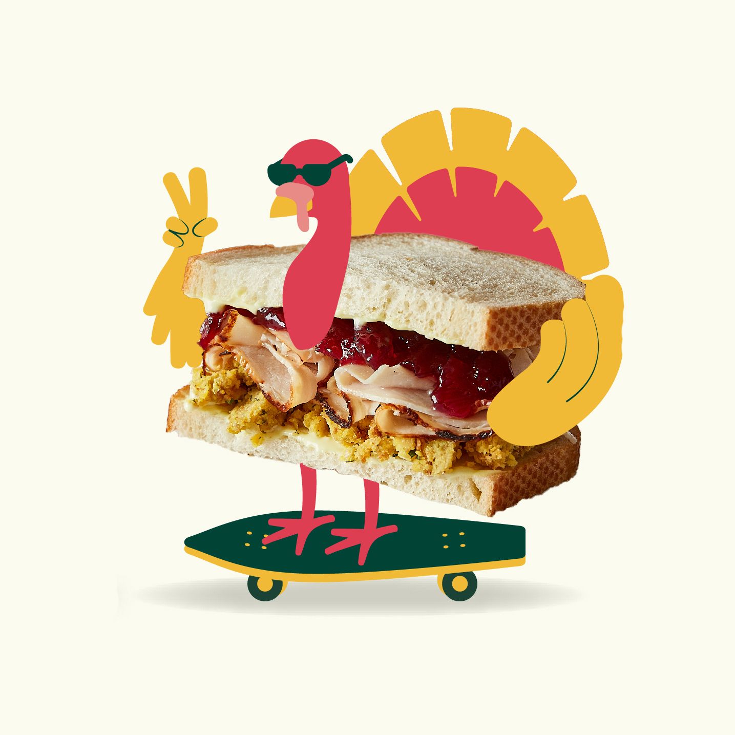 Turkey sandwich photo turned into a cartoon turkey riding a skateboard