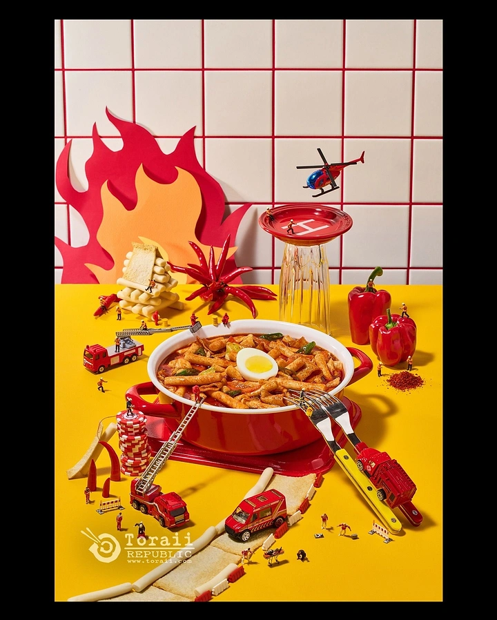 Korean Restaurants creative ad: Surreal tabletop turns noodles theatrical