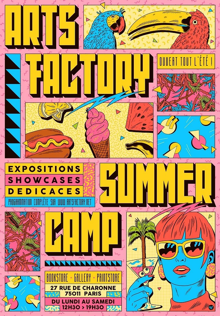 Events & Nightlife creative ad: Memphis-style comic grid of summer illustrations around giant block lettering