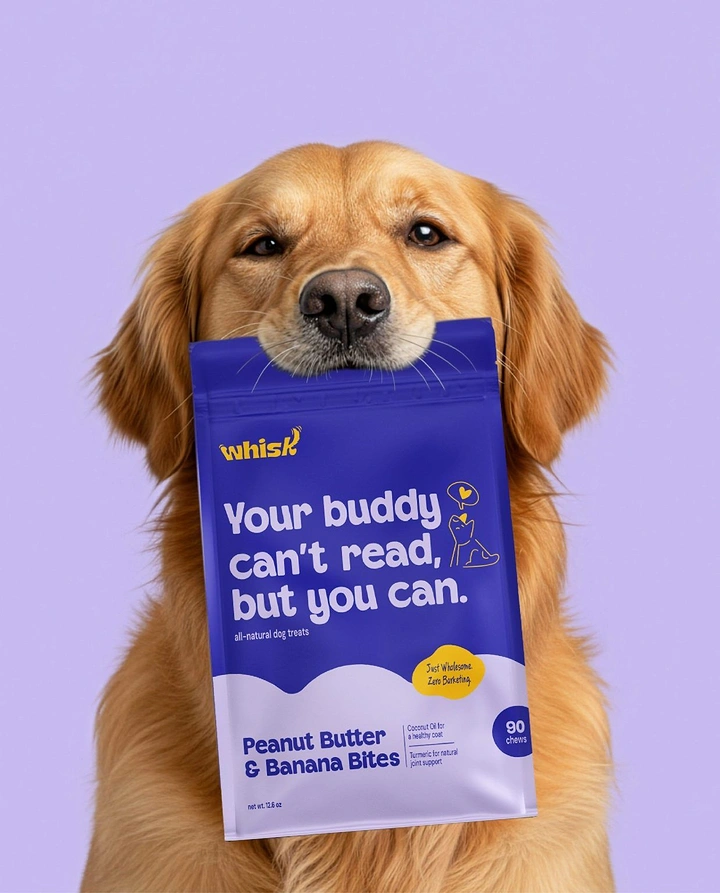 Creative ad: Golden retriever holding a purple treat pouch in its mouth