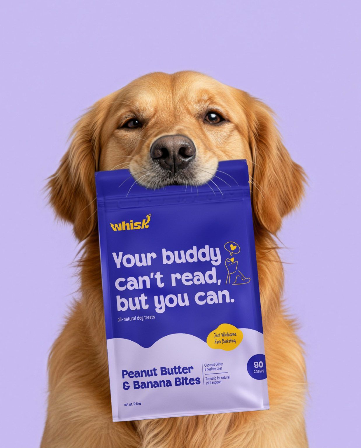 Instagram post: Golden retriever holding a purple treat pouch in its mouth