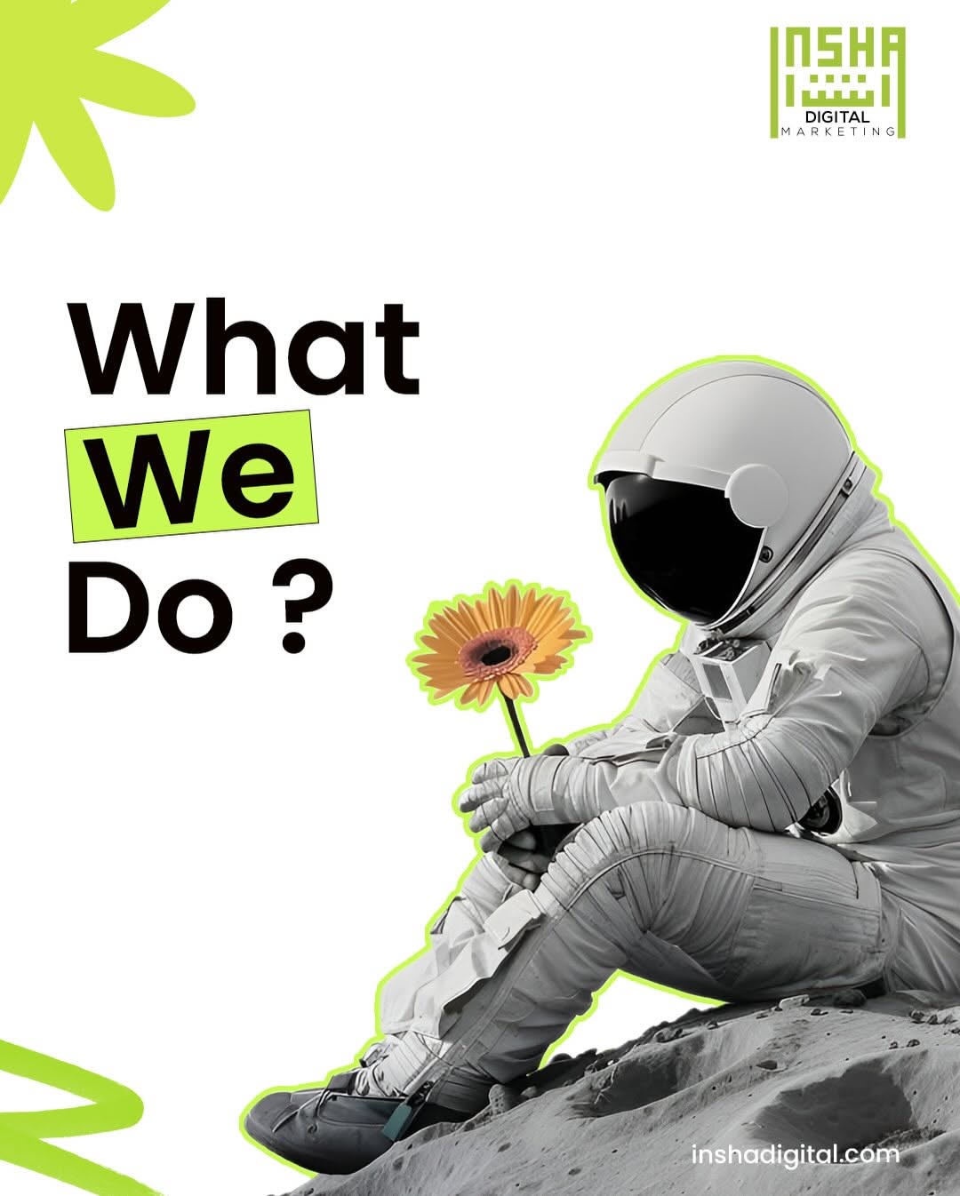 Carousel: Monochrome astronaut sitting on moon rock holding an orange gerbera, slide 1