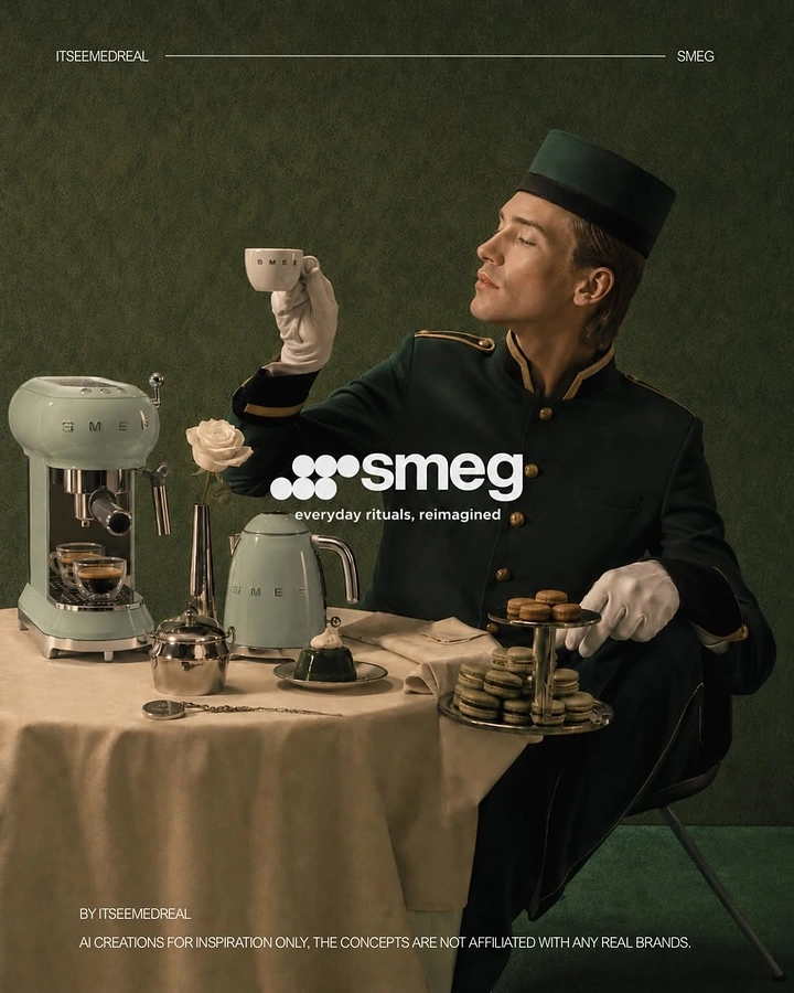 Home Appliances creative ad: Butler serving Smeg ritual, editorial staging