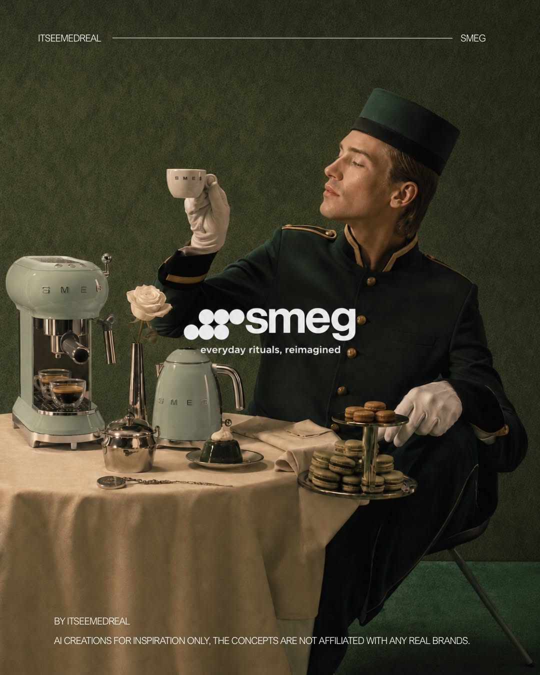 Instagram post: Butler serving Smeg ritual, editorial staging, slide 1