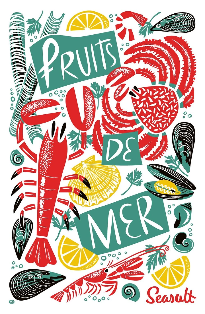 Seafood Restaurants creative ad: Expressive sea-fruit typography composition