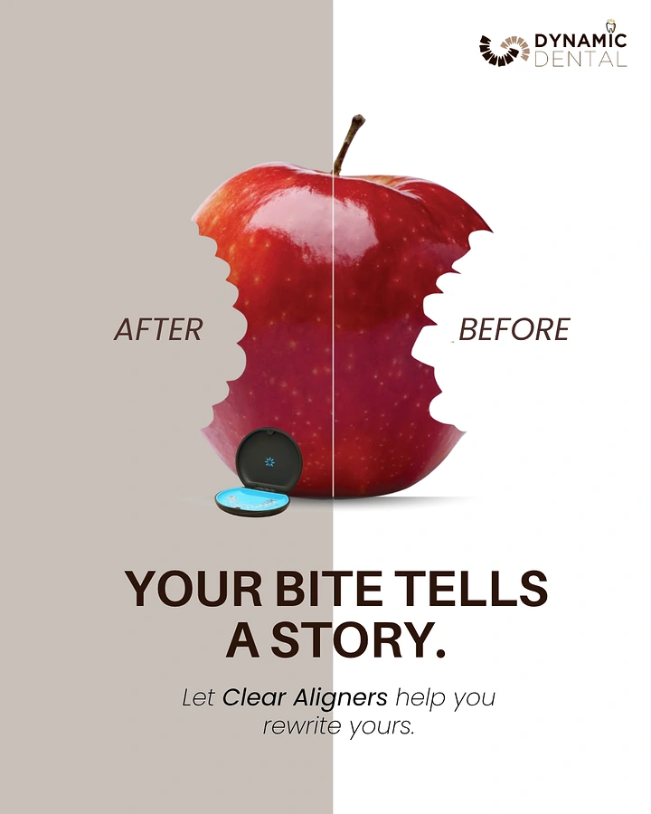Dental creative ad: Red apple with irregular vs even bite marks split down the middle
