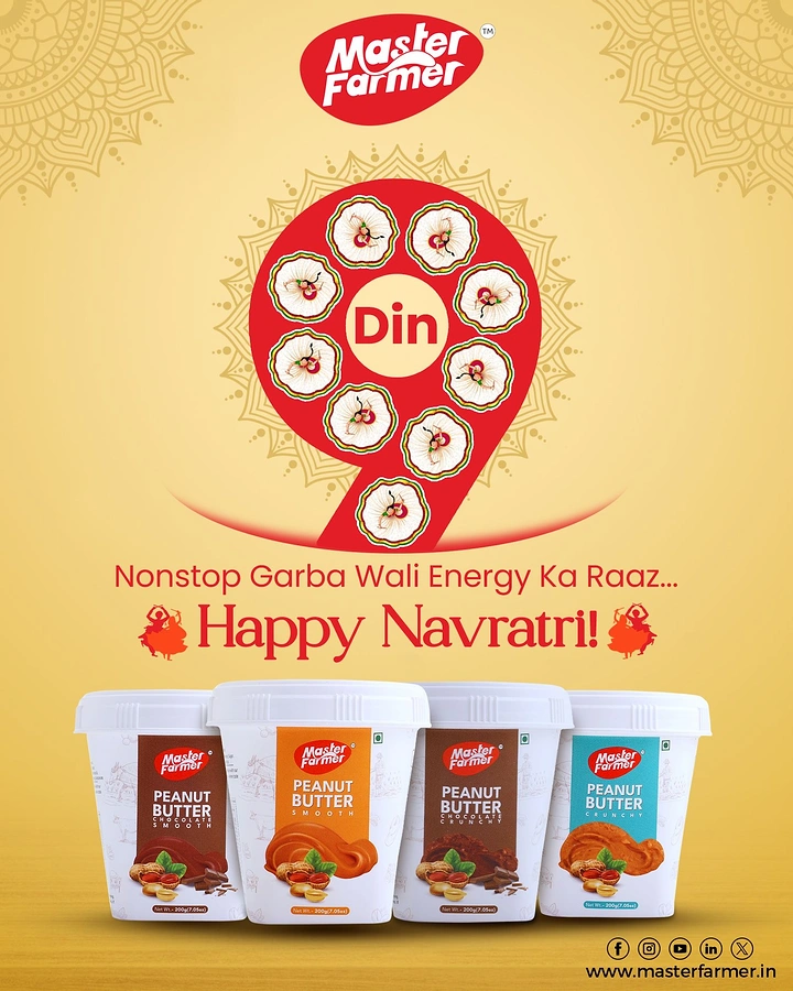 Navratri creative ad: Giant red numeral 9 ringed with decorated plates above peanut butter jars