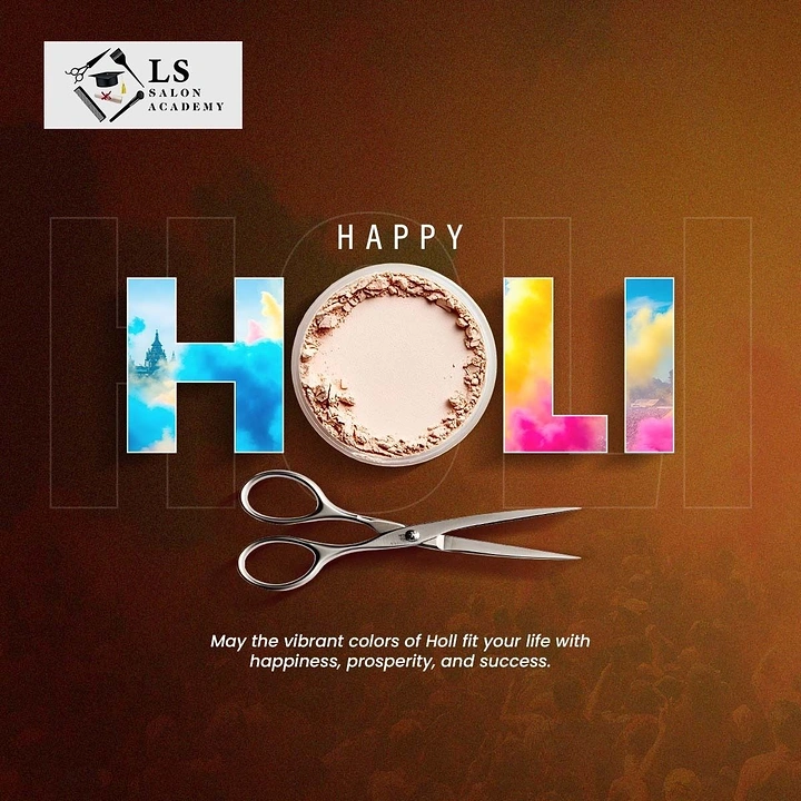 Holi creative ad: HOLI letters filled with colour clouds, with a powder compact as the O