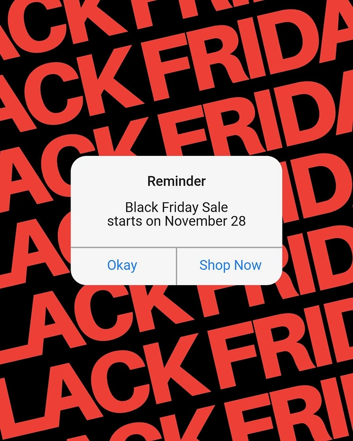 Black Friday creative ad: Mobile alert pop-up over repeating sale typography