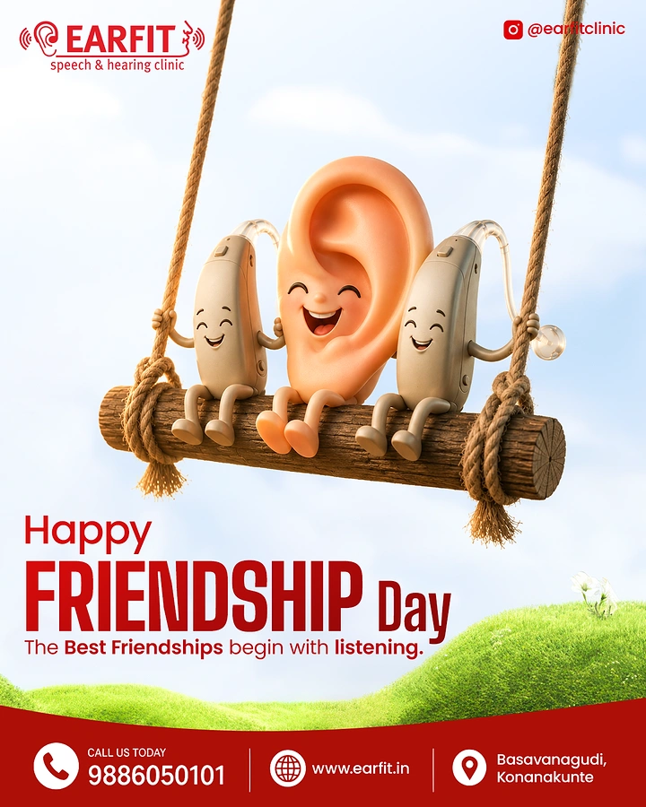 Hearing Aids creative ad: Hearing aids and ear as friends swinging