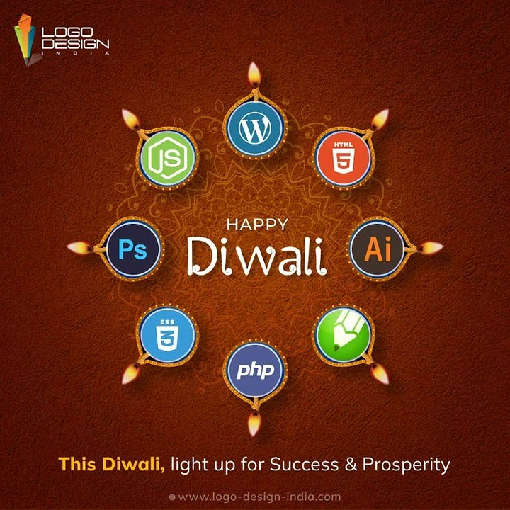 Diwali creative ad: Ring of diyas made from software and tech logo badges