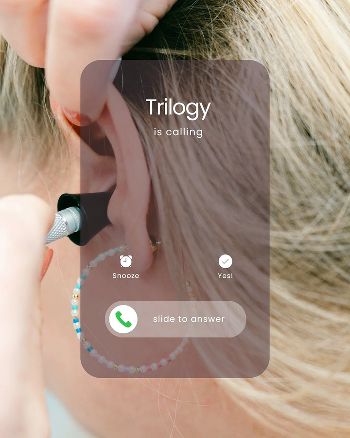 Hearing Aids creative ad: Incoming-call UI over hearing aid ear