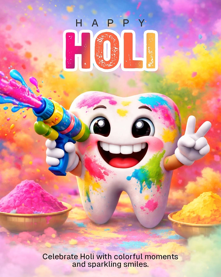 Holi creative ad: Smiling 3D tooth mascot with a pichkari