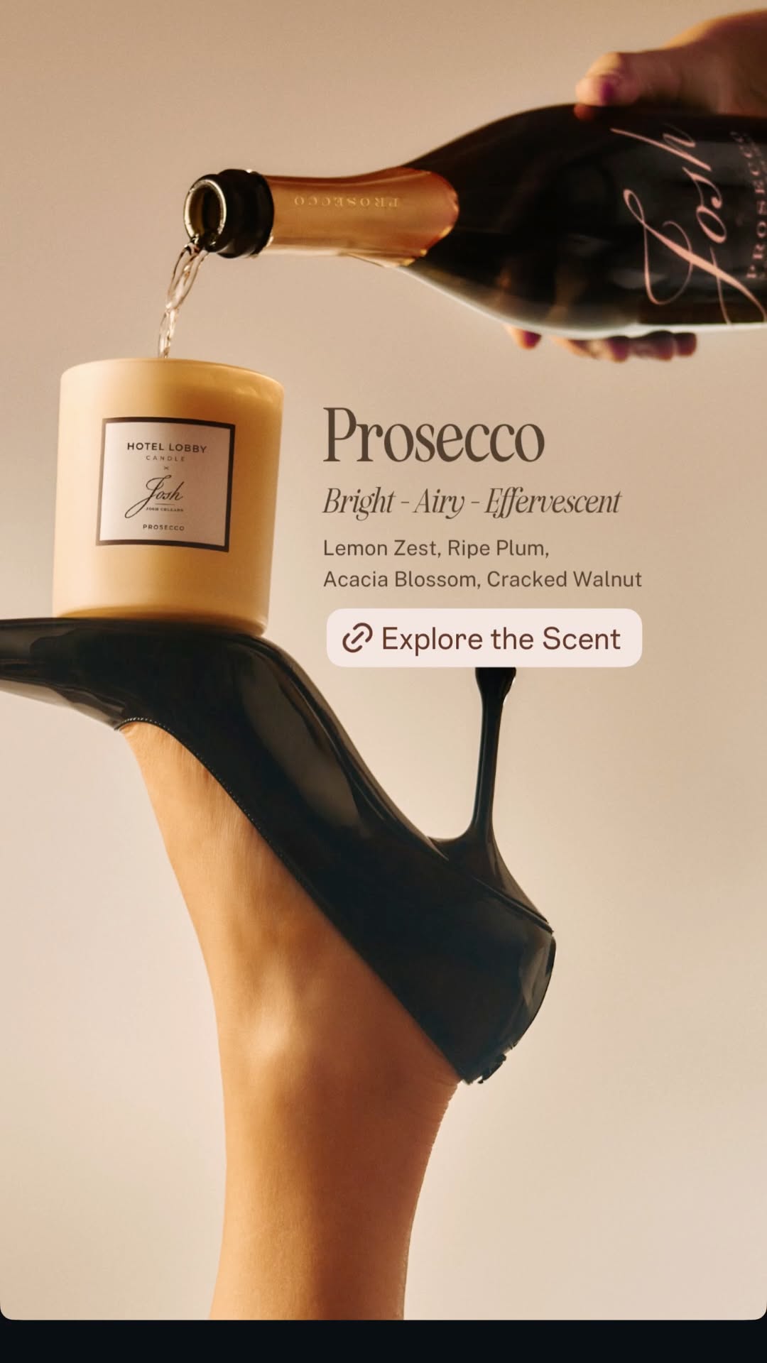 Story: Prosecco poured into a candle balanced on a raised stiletto